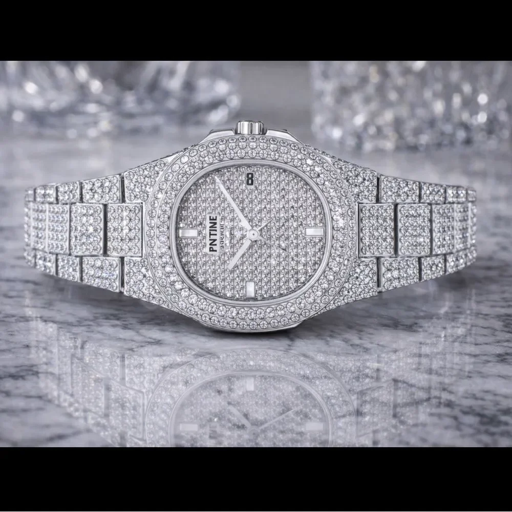 Iced Out Silver Diamond Quartz Watch Stainless Steel Bust Down Luxury Big Face